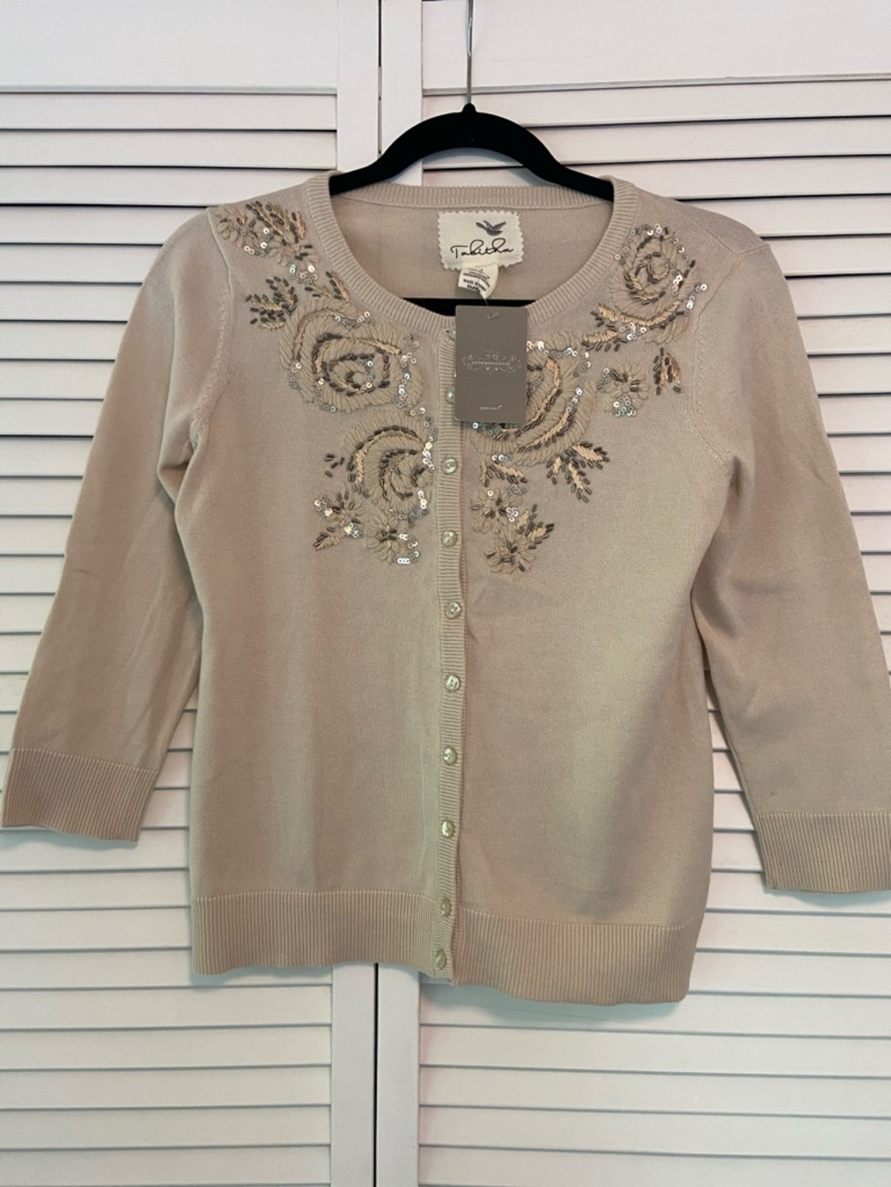 Tabitha By Anthropologie Beaded Embroidered Cardigan Size M Tan NWT Cottagecore
